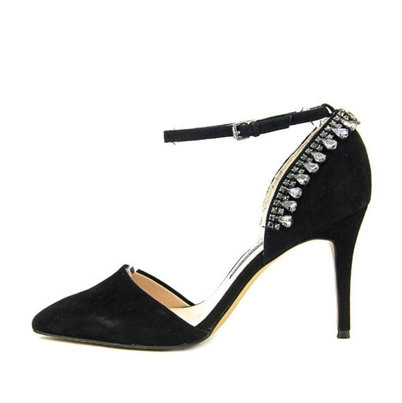 French connection "Eleni" suede bejeweled ankle strap pumps - Picture 1 of 11